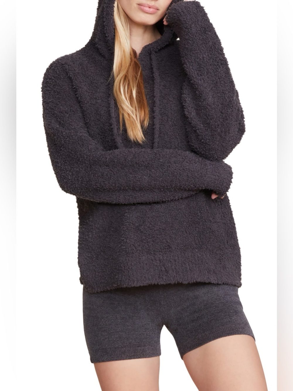 Barefoot Dreams CozyChic Teddy Pullover Hoodie Cozy Plush Hooded Carbon Gray S
